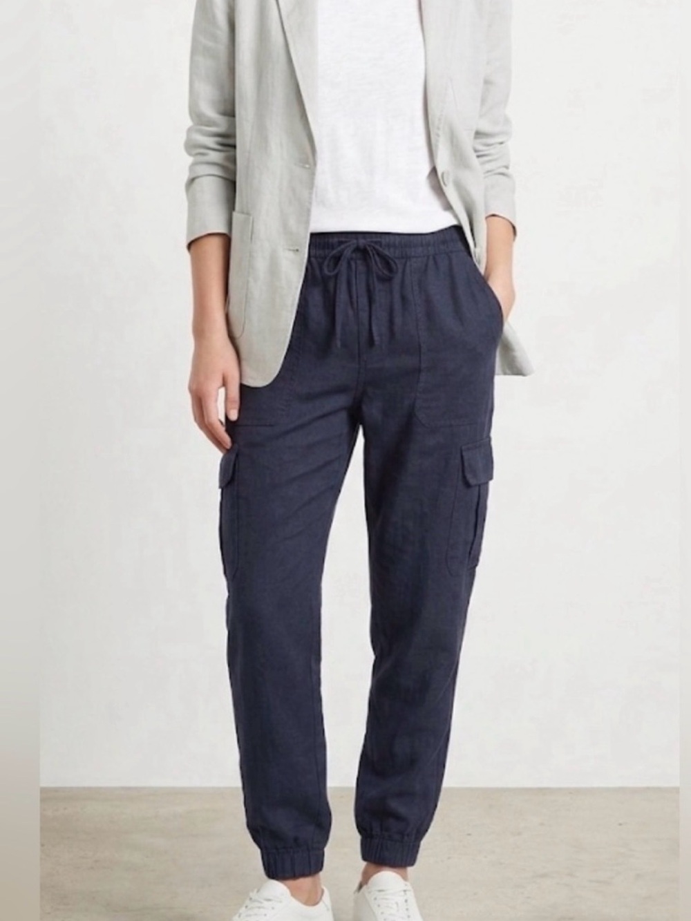 Nicole Miller Linen Cargo Jogger Pants Navy Blue Medium European Flax EUC